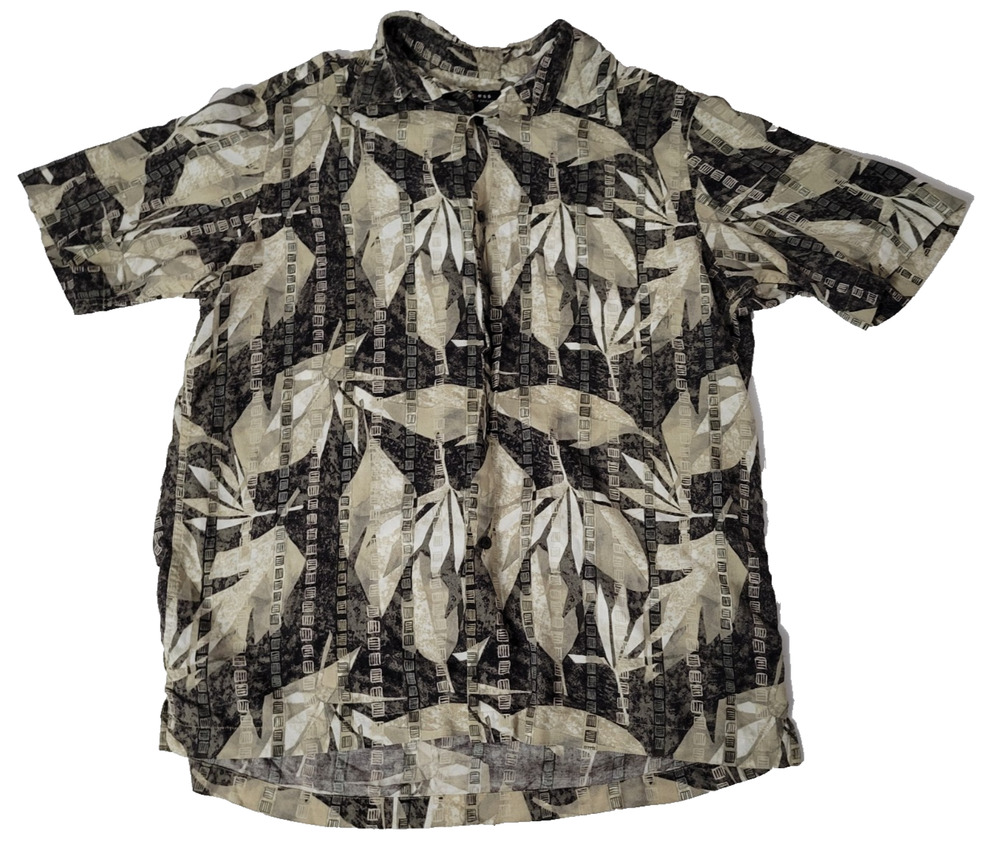 Axcess Claiborne Mens L Tropical Leaf Shirt Beige Black Rayon Short Sleeve